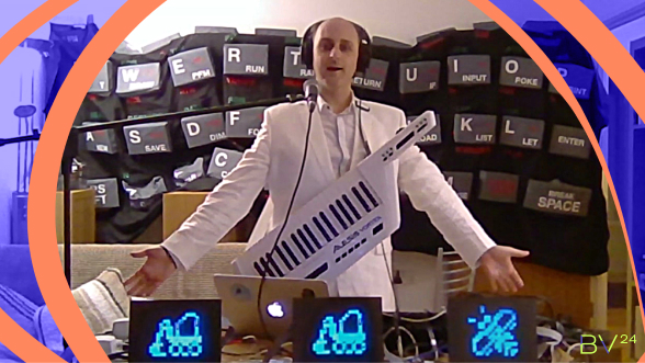 Gasman in front of a GIANT keyboard